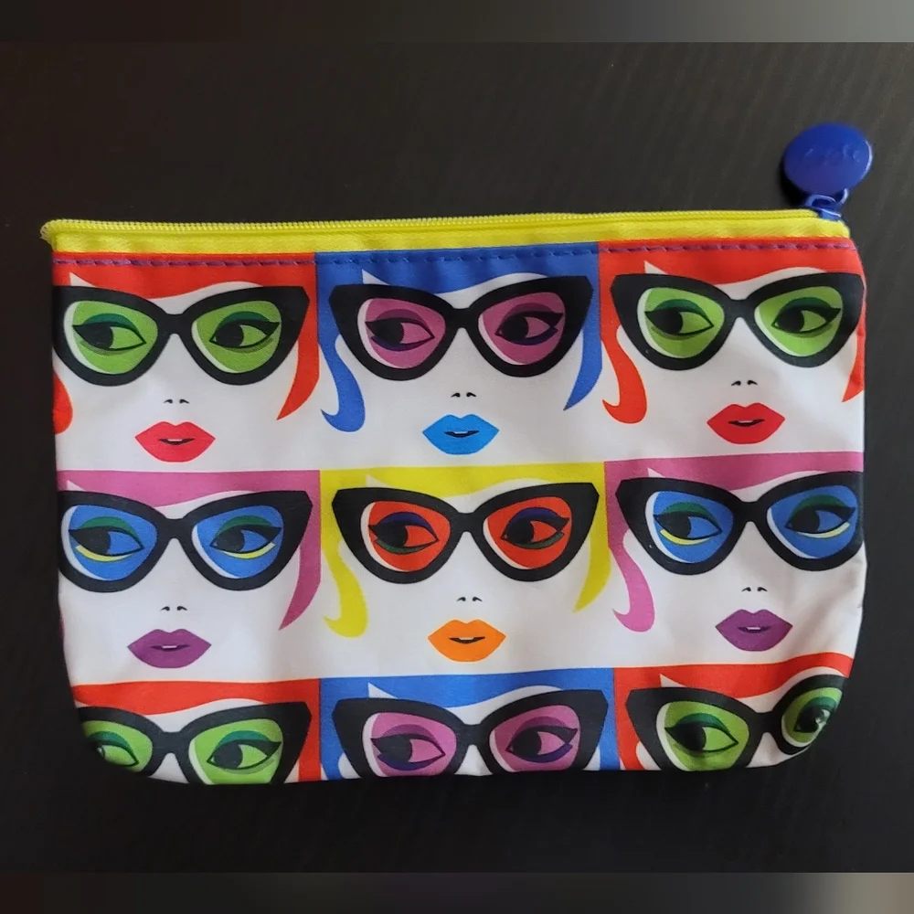 Ipsy Pin Up Style makeup Case change bag vibrant women glasses yellow zipper